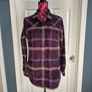Duluth Trading Top Womens Large Purple Plaid Folklore Flannel Duster Tunic